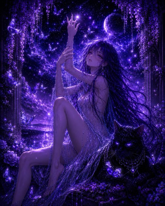 An anime-style digital artwork featuring a woman with long purple hair sitting in a starry, purple-hued cosmic setting alongside a black panther.