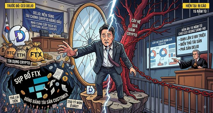 The image depicts a courtroom scene tied to Delio's CEO Jeong Sang-ho receiving a 15-year sentence, with elements showing BTC, ETH, FTX coins, the "Delio" virtual asset lending platform logo, a "Sụp đổ FTX" (FTX collapse) sign, a "Bản án 15 năm tù cho CEO Jeong Sang-ho" banner (citing "Giun lận $169 triệu," "Biến thủ tài sản," and "Phá sản Delio"), and the figure standing on cracked ground linked to chaos in the crypto lending sector.