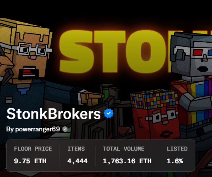 A promotional graphic for the "StonkBrokers" NFT collection (by powerranger69) displays a floor price of 9.75 ETH, 4,444 items, 1,763.16 ETH total volume, and a 1.6% listed rate, set against pixelated block-style characters with the word "STONKS" in bold yellow letters—tying into the "Robinhood Cycle" narrative by highlighting emerging digital collectible markets and new on-chain investment opportunities.