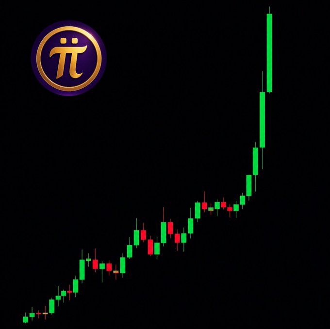 A cryptocurrency candlestick chart showing a strong upward price trend dominated by green bullish candles, paired with the Pi Network (π) logo in the upper-left corner—answering the post "When $Pi will do this?" by suggesting Pi followers aspire to similar explosive price action.