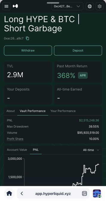 A screenshot of a Hyperliquid vault page titled "Long HYPE & BTC | Short Garbage" (0xac26...a9c7) showing $2.9M TVL, 368% APR past month return, $2,515,248.36 PNL, and 39.55% max drawdown.
