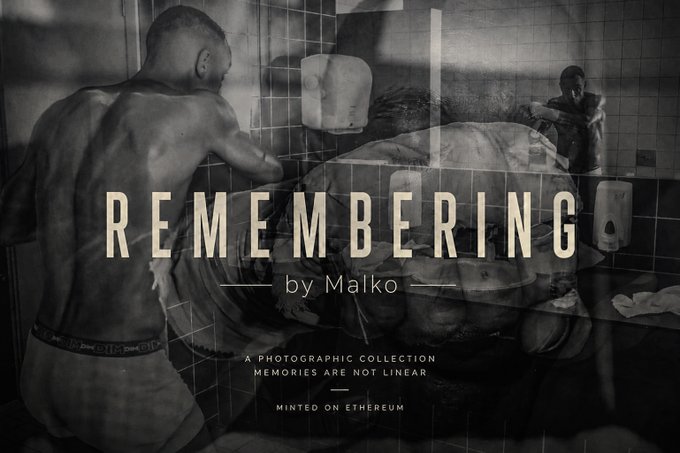 A promotional banner for 'REMEMBERING by Malko - A Photographic Collection - Memories Are Not Linear - Minted on Ethereum,' featuring a black and white image of a person showering in a bathroom with reflections visible on glass.