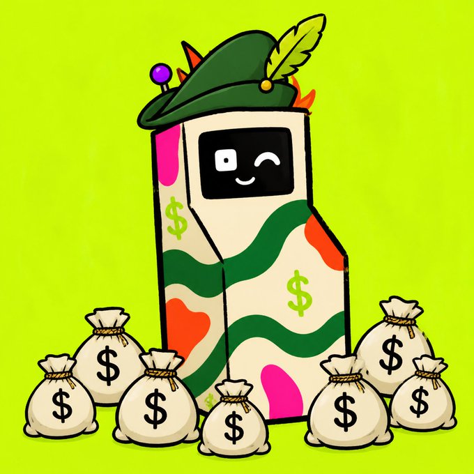 A cartoon illustration of a winking arcade machine character wearing a green hat with a feather, surrounded by money bags with dollar signs against a bright green background.
