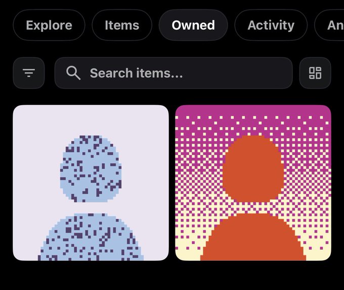 A dark-themed NFT or digital collectibles interface displays 'Explore', 'Items', 'Owned', and 'Activity' tabs above pixel art avatar portraits in blue and orange/red color schemes.