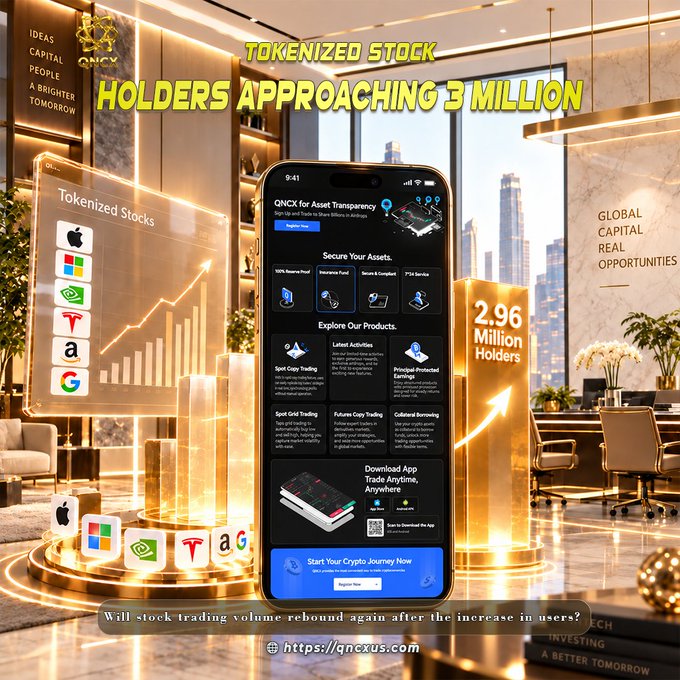 A sleek promotional graphic displays a smartphone showing the QNCX app for "QNCX for Asset Transparency," surrounded by tokenized stock icons (Apple, Microsoft, NVIDIA, Tesla, Amazon, Google) and a prominent "2.96 Million Holders" counter, with the headline "Tokenized Stock Holders Approaching 3 Million" and the question "Will stock trading volume rebound again after the increase in users?" displayed against a luxury interior backdrop.