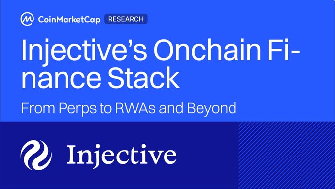 A blue promotional banner for CoinMarketCap Research titled 'Injective's Onchain Finance Stack: From Perps to RWAs and Beyond,' featuring the Injective logo.