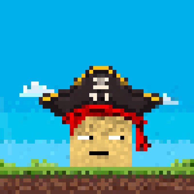 A pixel art image of a yellow, blocky character wearing a large black pirate hat with a skull and crossbones and a red bandana, standing on grass against a blue sky.
