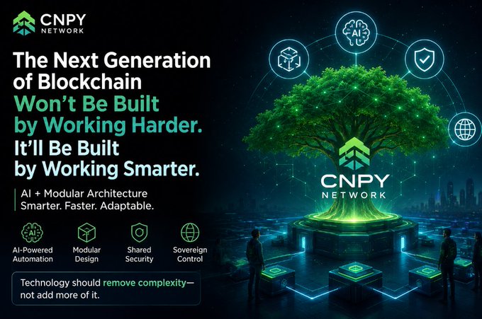 A promotional graphic for 'CNPY NETWORK' advertising 'The Next Generation of Blockchain Won't Be Built by Working Harder. It'll Be Built by Working Smarter,' featuring features like AI-Powered Automation and Modular Design.