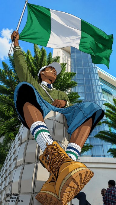 An anime-style illustration shows a young man waving the Nigerian flag (green-white-green) while wearing a green hoodie, blue shorts, and large tan work boots, perched atop a building with palm trees in the background.