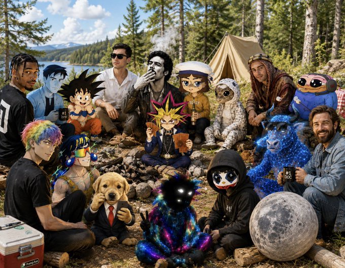 A group of anime characters (Goku, Yami Yugi, Astro Boy, Gohan, Chrollo, Guts, and others) and a real puppy gather around a campfire with human figures at a lakeside campsite, holding #1 DOC mugs, while the caption "thoughts on the new @pumpfun cabal?" satirizes the emerging Pump.fun memecoin community by depicting its supposed insiders as a meme cabal.
