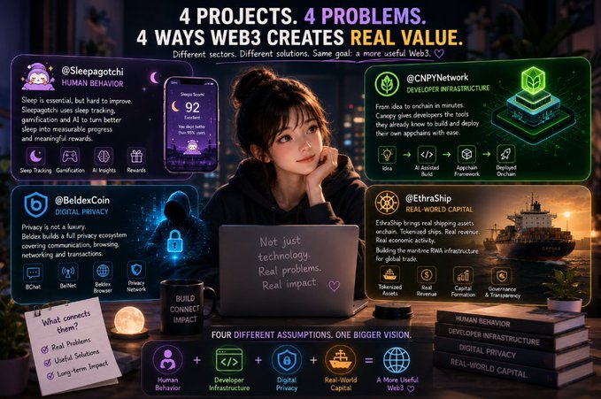 An infographic titled '4 PROJECTS. 4 PROBLEMS. 4 WAYS WEB3 CREATES REAL VALUE' highlighting projects @Sleepagotchi, @CNPYNetwork, @BeldexCoin, and @EthraShip, alongside a woman working on a laptop displaying 'Not just technology. Real problems. Real impact.'