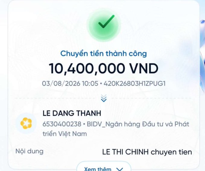 A Vietnamese bank transfer confirmation showing a successful transaction of 10,400,000 VND dated 03/08/2026 10:05 from LE DANG THANH with a note 'LE THI CHINH chuyen tien'.