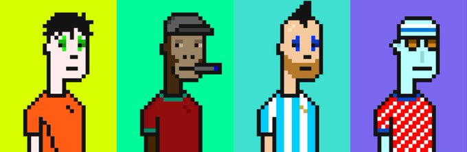 Four pixel-art characters with varying hairstyles and clothing stand side by side against green, teal, and purple backgrounds.