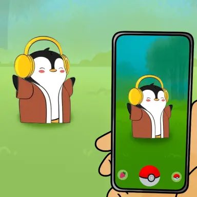 A cartoon penguin wearing yellow headphones and a brown jacket is shown both standing on grass and being photographed with a smartphone displaying a Pokéball app interface.