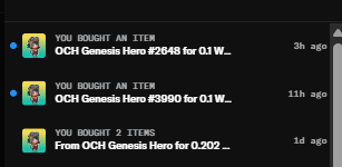 A Steam purchase notification log showing three recent OCH Genesis Hero card purchases (items #20649 and #39890 for 0.1 WAX each, and 2 items for 0.202 WAX) made 1-11 hours ago, visually documenting the early stages of the buyer's goal to collect 15 OCH Hero cards.
