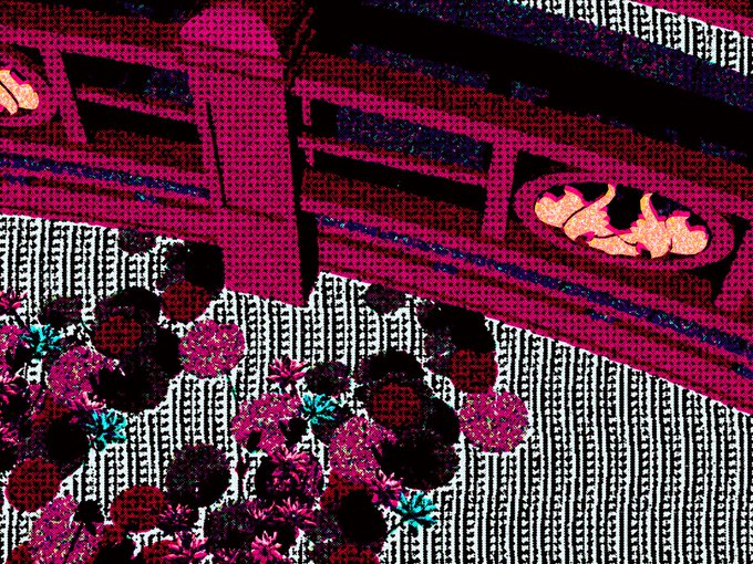 A stylized halftone illustration with a magenta and black color scheme depicting ornate Asian-style architecture with curved rooflines above flowering plants.