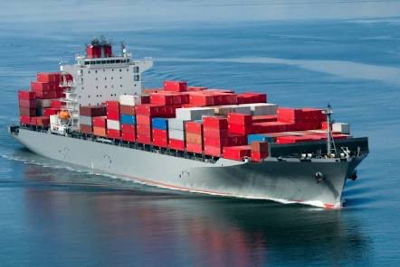 A large cargo ship loaded with red shipping containers sails through calm blue waters.