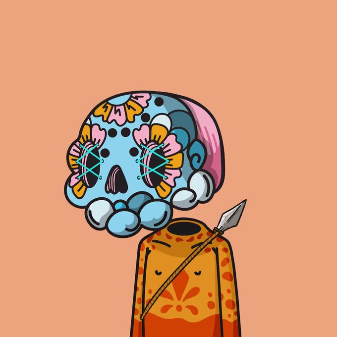 A colorful illustration of a decorated sugar skull with flower patterns and crossed eyes, positioned above a figure in orange clothing holding a spear, set against a peach background.