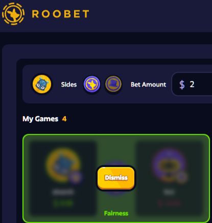 A Roobet coin flip game interface shows a $2 bet amount on "Sides" with "My Games 4" displayed above a blurred game result panel with a "Dismiss" button. The image aligns with the post's promotion of winning coin flip games against Roobet, referencing the roobet.com/?ref=webktsr link and highlighting a streak of victories.