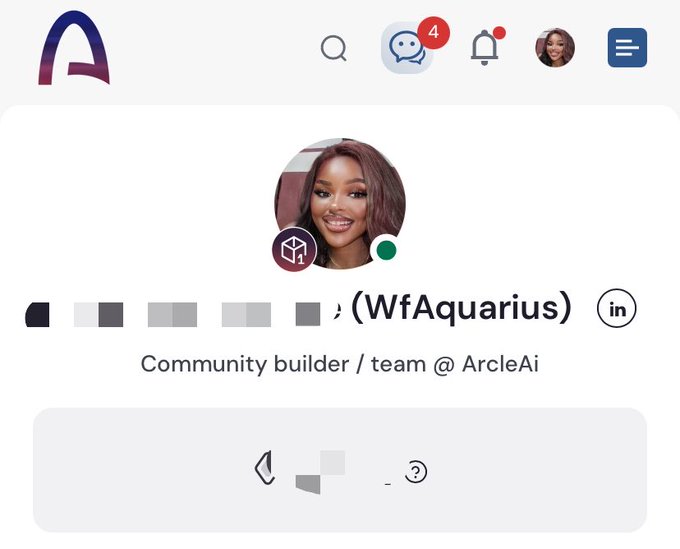 A profile screenshot from ArcleAi showing user "(WfAquarius)" identified as "Community builder / team @ ArcleAi" with a notification badge of 4 unread messages, accompanying a post hyping the Arc mainnet launch and encouraging followers to prepare for intense upcoming activity.