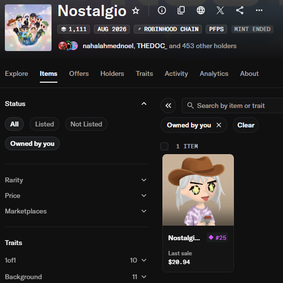An NFT collection page on OpenSea titled 'Nostalgiio' with 1,111 items on Robinhood Chain, showing a chibi-style character NFT #25 with a last sale price of $20.94.