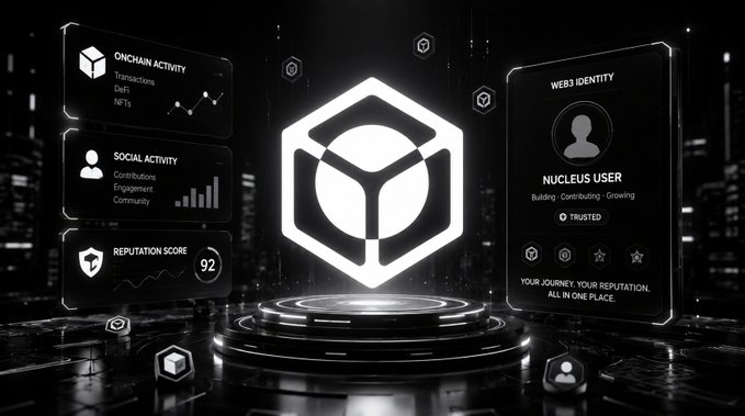 A futuristic black-and-white digital dashboard graphic centered around a glowing hexagonal 'Y' logo. It features UI panels for 'Onchain Activity', 'Social Activity', and a 'Web3 Identity' profile for a 'Nucleus User' with a 'Reputation Score' of 92.