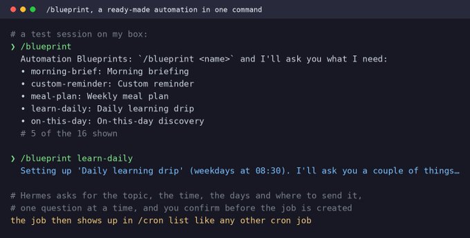 A dark-themed screenshot of a terminal or command line interface showing code for a "/blueprint" automation tool, with comments explaining features like "morning-brief" and "learn-daily".