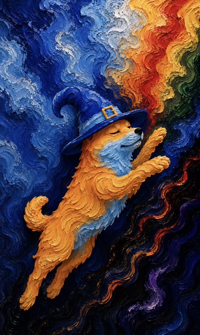 A vibrant, stylized digital painting of a dog wearing a blue witch hat, depicted with swirling, thick brushstrokes in blue, orange, and rainbow colors reminiscent of Van Gogh's style.