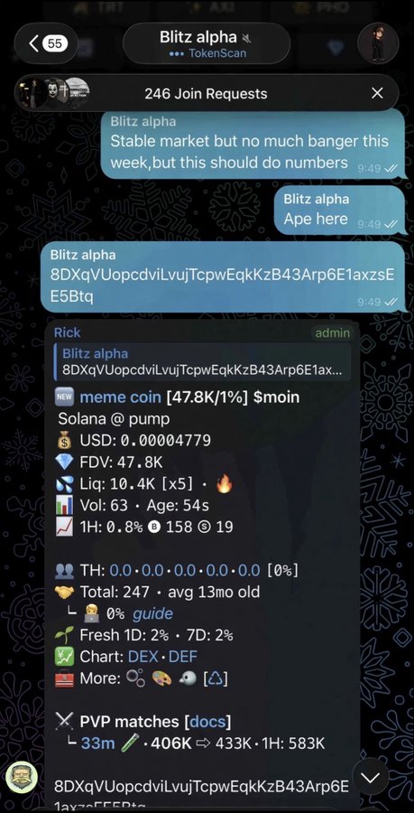 A Telegram chat from 'Blitz alpha' with 246 join requests shows messages about a 'Stable market' and 'Ape here,' followed by a token analysis for a 'meme coin [$moin]' on Solana, showing FDV of 47.8K and liquidity of 10.4K.