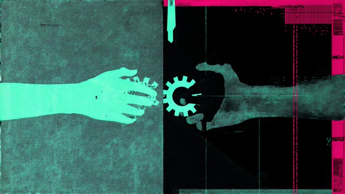 A stylized digital artwork featuring two hands reaching toward each other with a gear icon between them, rendered in teal and magenta glitch-art colors against a black background.