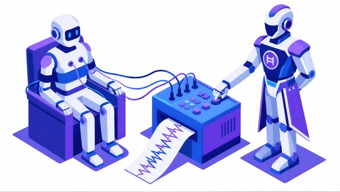An isometric digital illustration in purple and blue tones showing a robot seated in a chair connected to another robot operating a polygraph/lie detector machine that prints out a chart.