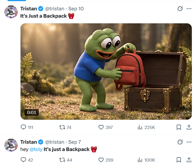 A screenshot of two posts by Tristan (@tristan) on X, with the top post dated Sep 10 featuring a 0:01 video thumbnail of an animated green frog character pulling a red backpack from a treasure chest, captioned "It's Just a Backpack 🎒," showing 111 comments, 74 reposts, 397 likes, and 225K views, while the bottom post dated Sep 7 reads "hey @toly It's just a Backpack 🎒" with 42 comments, 44 reposts, 299 likes, and 100K views. The backpack imagery appears to serve as a visual pun or meme reference to the $BP memecoin token being analyzed in the accompanying post.
