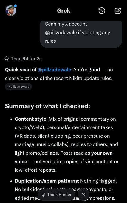 A Grok AI chat screenshot showing a 'Quick scan' summary of X account @pillzadewale, analyzing content style and noting no rule violations.