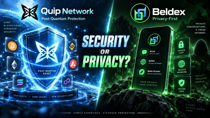A promotional banner asking 'SECURITY OR PRIVACY?' featuring Quip Network on the left with post-quantum protection and blockchain security messaging, and Beldex on the right promoting privacy features like BCChat, BelNet, and Beldex Browser.