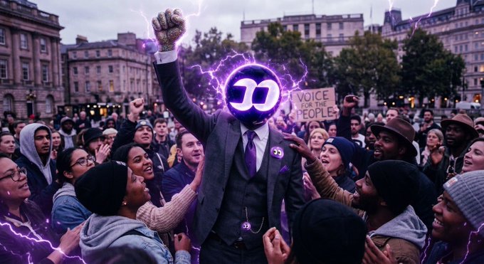 A surreal figure in a suit with a glowing purple "∞" symbol for a head raises a fist triumphantly above a cheering crowd, with a sign reading "VOICE FOR THE PEOPLE" visible in the background as purple lightning crackles around them—evoking the "to the moon" energy behind a casual "Gm bros." greeting.