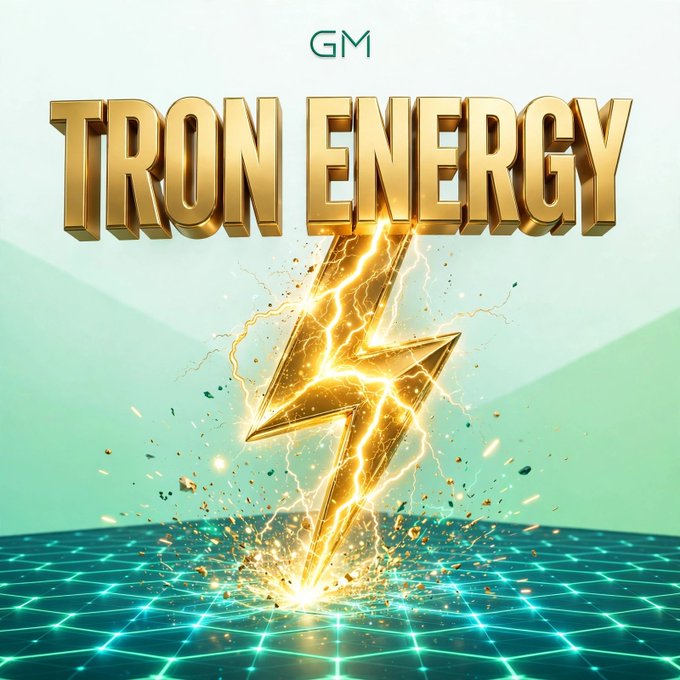 A vibrant digital graphic features bold golden 3D text reading 'TRON ENERGY' above a glowing golden lightning bolt striking a cyan grid floor, with a green 'GM' logo at the top.