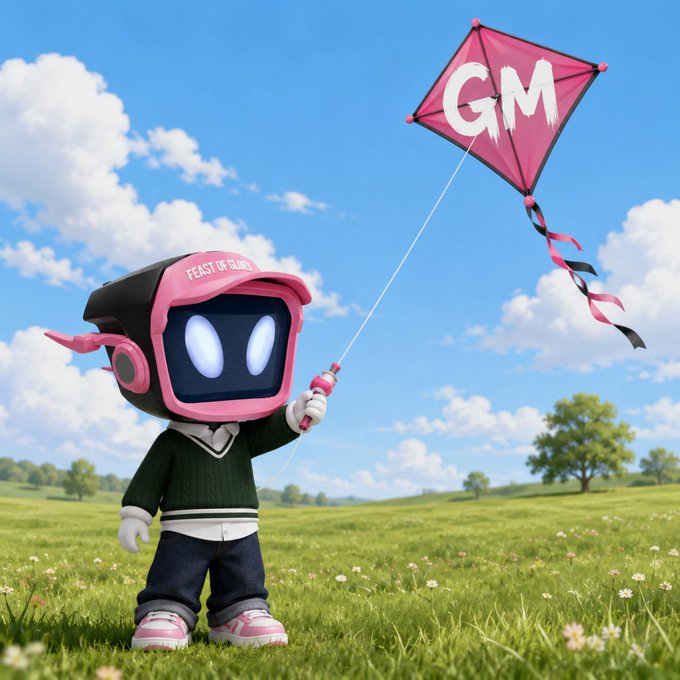A 3D-rendered cartoon character with a TV-like head wearing a pink cap that reads 'FEAST OF GLORY' flies a pink kite labeled 'GM' in a sunny grassy field.