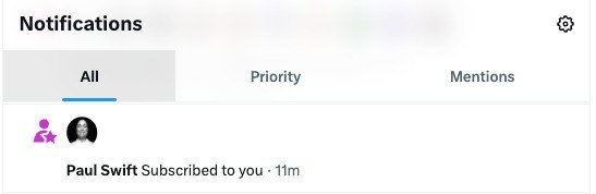 A notification panel showing that Paul Swift has subscribed to the user 1 minute prior. The notification complements the post announcing Paul Swift's (@swiftinsights) new subscription and Academy membership, highlighting early alpha on crypto picks like $XRP and $ZEC.