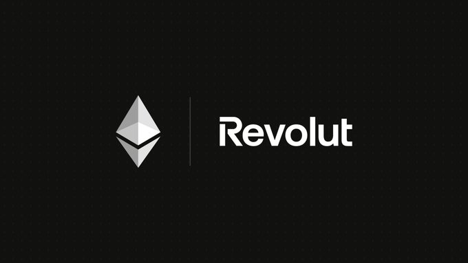A black banner displays the white Ethereum logo alongside the word 'Revolut'.