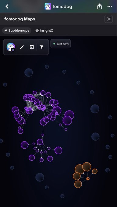 A mobile app screenshot of 'fomodog Maps' showing a network graph visualization called 'Bubblemaps' with interconnected purple and orange nodes on a dark background.