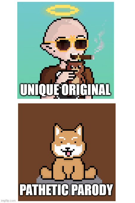 A two-panel meme labeling a pixelated angel figure as 'UNIQUE ORIGINAL' and a cartoon dog as 'PATHETIC PARODY'.
