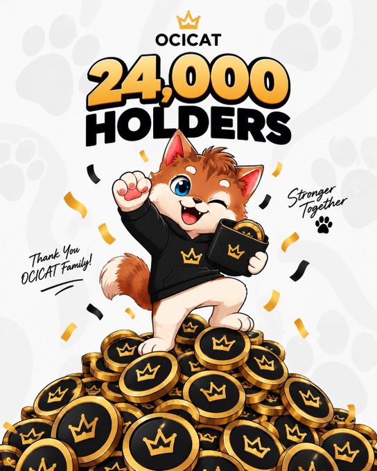 A celebratory graphic for OCICAT cryptocurrency features an anime-style cat character in a hoodie holding a wallet, standing on a pile of gold coins with text announcing '24,000 HOLDERS' and 'Stronger Together'.