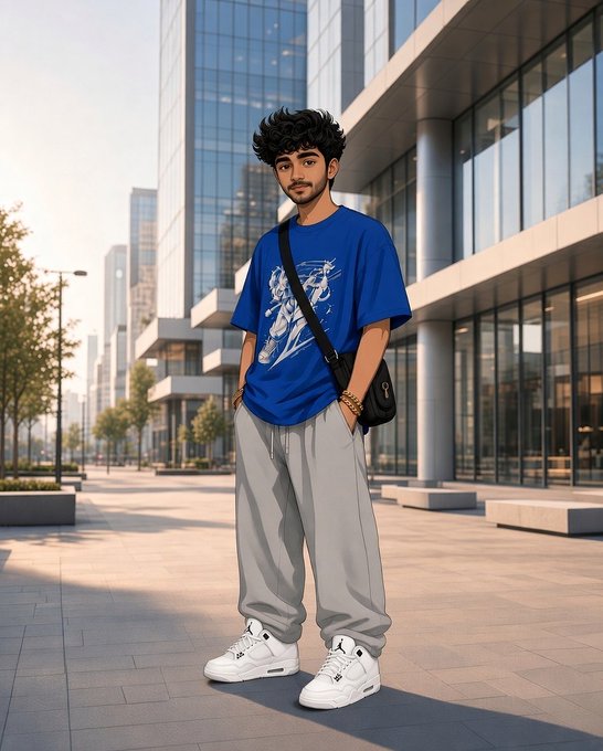 A stylized illustration shows a young man with curly hair wearing a blue graphic t-shirt, gray sweatpants, white sneakers, and a black crossbody bag, standing on a city street.