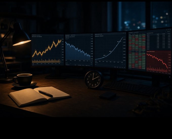 A late-night trading desk features four monitors displaying market charts—including a rising yellow line, a falling blue line, an upward-curve graph, and a red declining ticker—alongside an analog clock showing roughly 10:10, an open notebook, and a coffee cup, evoking the tense wait before the FOMC's 2pm ET rate decision.