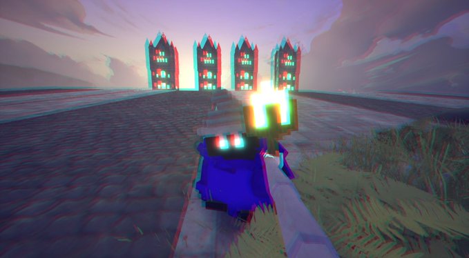 A first-person video game screenshot showing a blue character holding a weapon approaching four tall, dark tower structures with red details against a sunset sky.