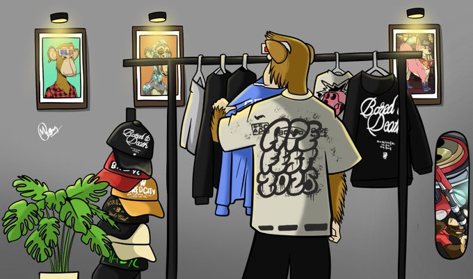 Cartoon illustration of a bear character shopping for streetwear, featuring clothing with graffiti-style text 'Good New Old City 2025' and 'Boged Daen', alongside a stack of hats and a skateboard.
