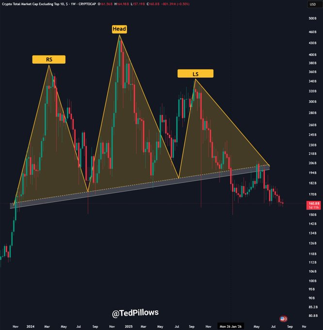 A weekly chart of the Crypto Total Market Cap Excluding Top 10 (CRYPTOCAP:OTHERS) shows a Head and Shoulders pattern with three labeled peaks—"RS" (Right Shoulder), "Head," and "LS" (Left Shoulder)—formed between late 2024 and 2025, with the price now breaking down below the neckline near $160. This bearish technical setup visually reinforces the post's view that the altcoin market is deteriorating, as the breakdown confirms broad-based weakness among smaller-cap cryptocurrencies.