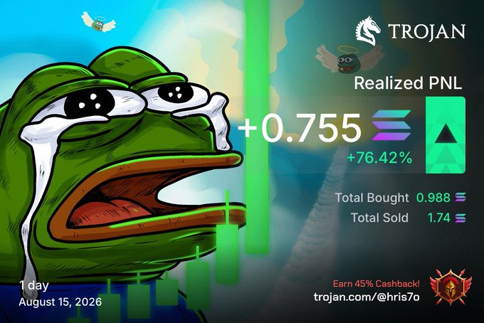 A trading profit card featuring a crying Pepe meme showing realized PNL of +0.755 (+76.42%) on Trojan Solana bot, with Total Bought 0.988 SOL and Total Sold 1.74 SOL, dated August 15, 2026.