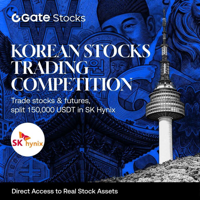 The image is a promotional graphic for Gate.io's "Korean Stocks Trading Competition," featuring a blue background with traditional Korean imagery and the N Seoul Tower, advertising a prize pool of 150,000 USDT split in SK Hynix stock for trading Korean stocks or $SKHYNIX and $SAMSUNG futures. The GateStocks logo and SK hynix branding are prominently displayed, with the tagline "Direct Access to Real Stock Assets" at the bottom.