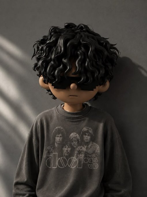 A 3D-rendered figure with pixelated black sunglasses and curly black hair wears a gray 'The Doors' band t-shirt, standing against a gray wall with soft shadows.